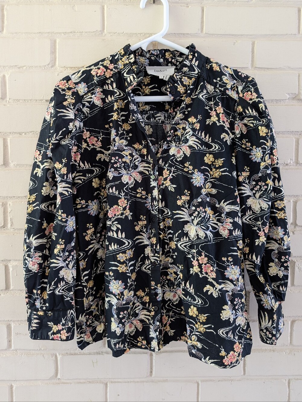 BA&SH L Ruffled Neck Floral Fary Shirt In Black Noir